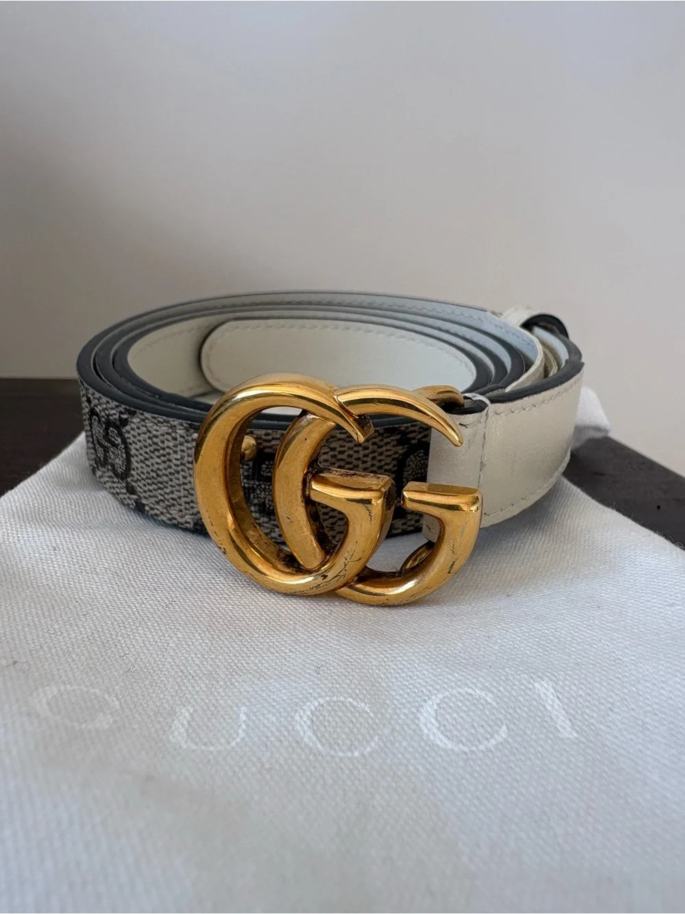 Gucci GG Marmont Thin Belt Ivory GG Supreme Canvas Gold Buckle 85/34